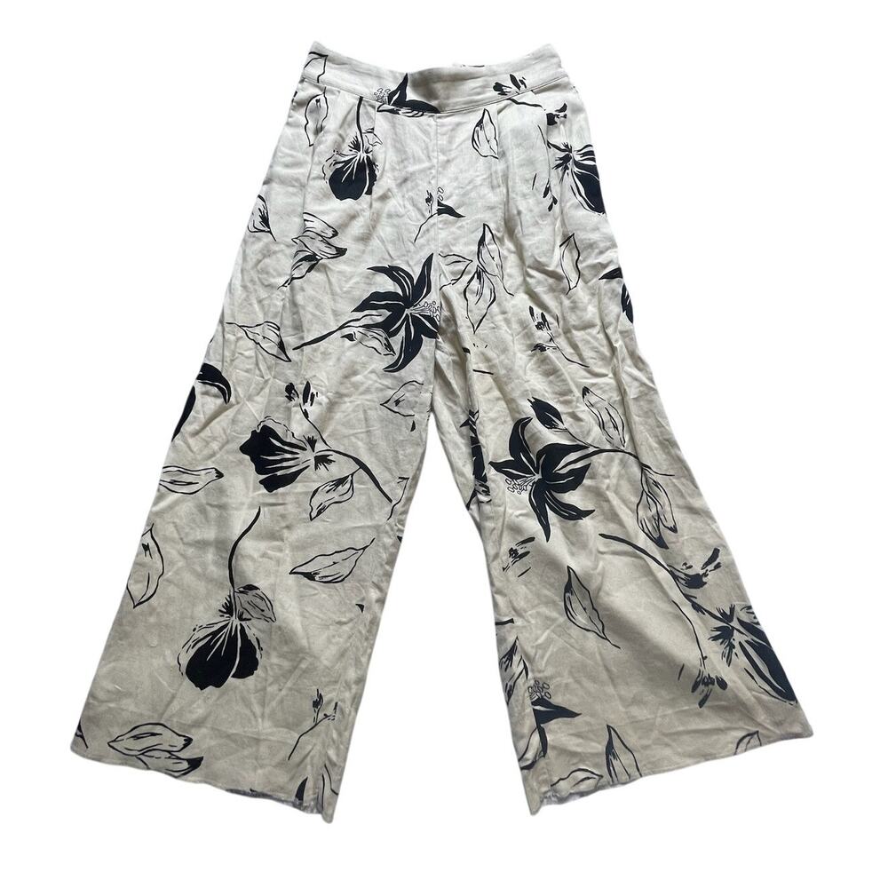 Ophelia Roe Women's Sz M Linen Blend Pants Cream Black Leaf Print Wide Leg EUC